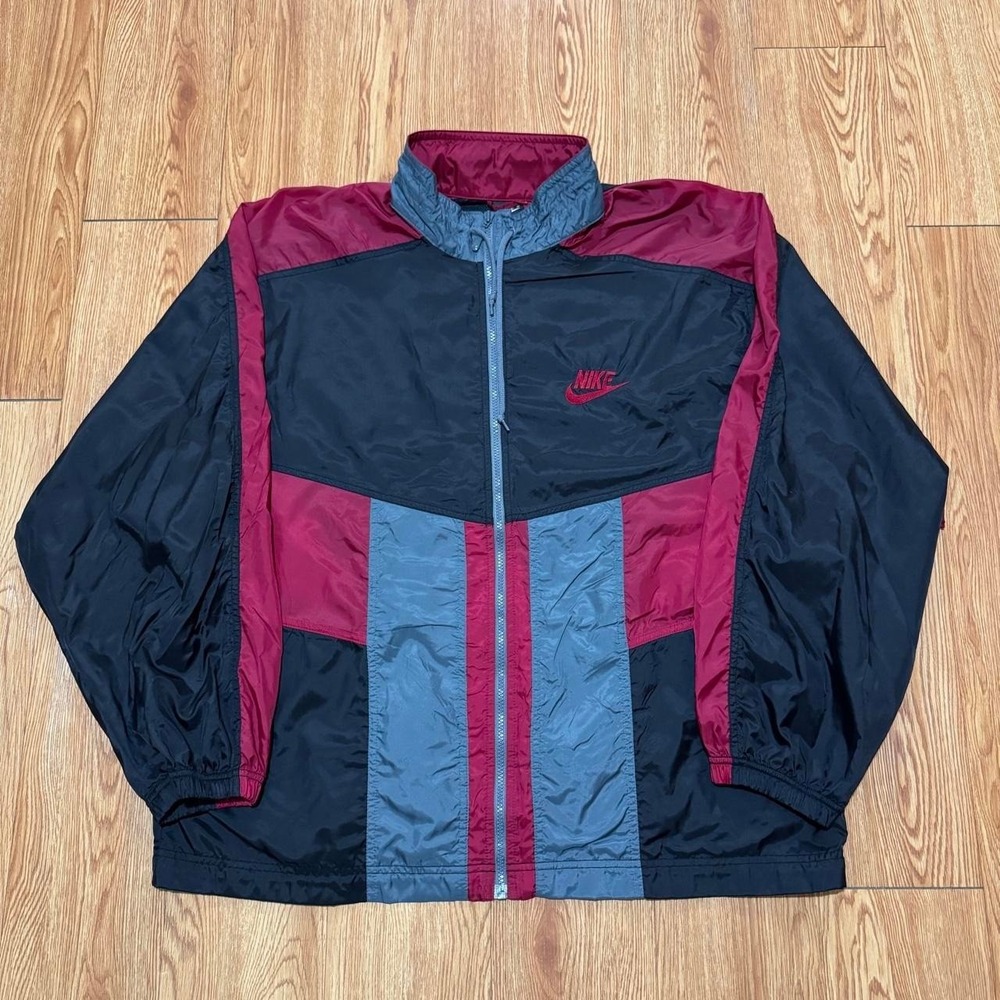 VTG Nike Men's Track Jacket Windbreaker XL 90s Footlocker Full Zip Black Red